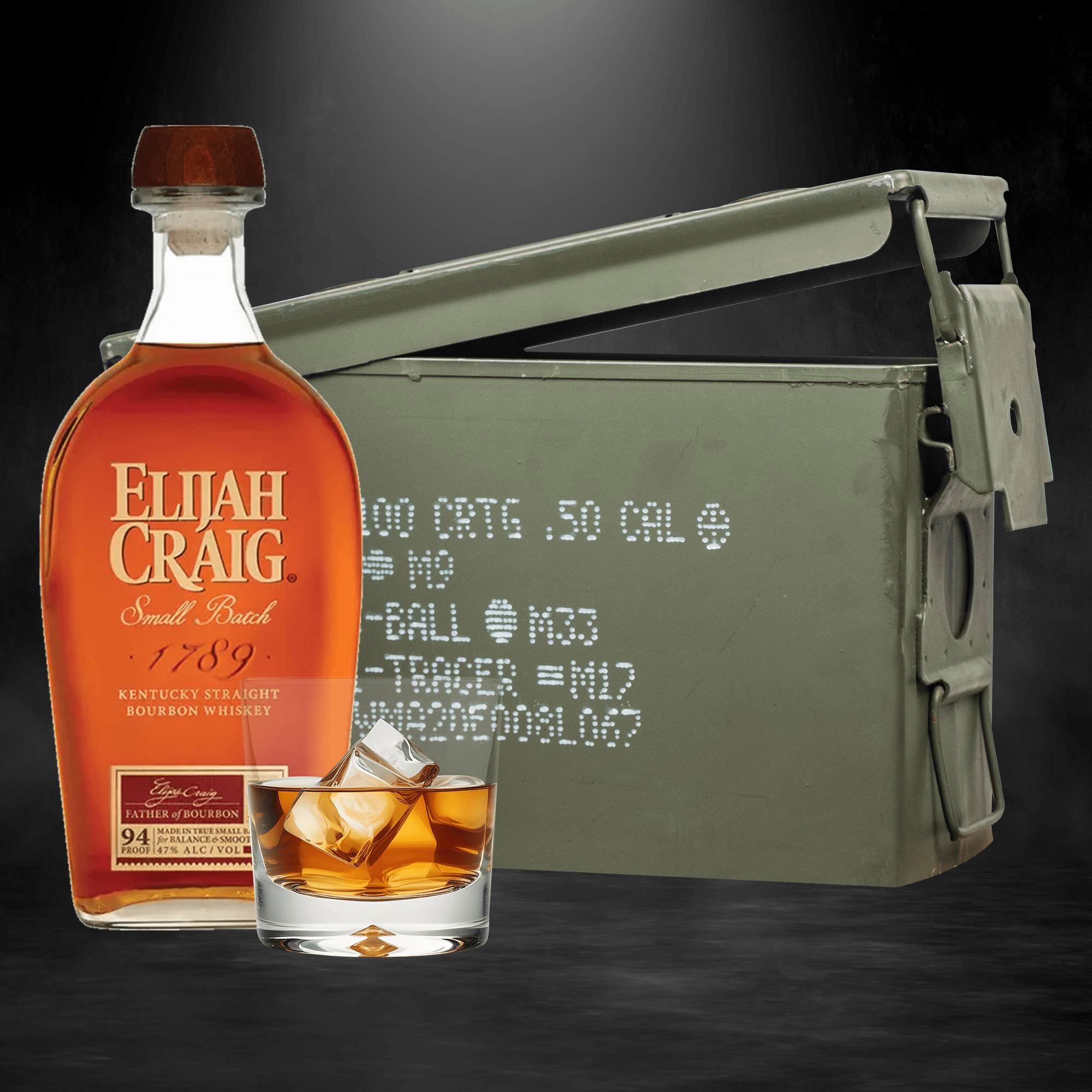Elijah Craig bourbon bottle inside authentic ammo can gift set